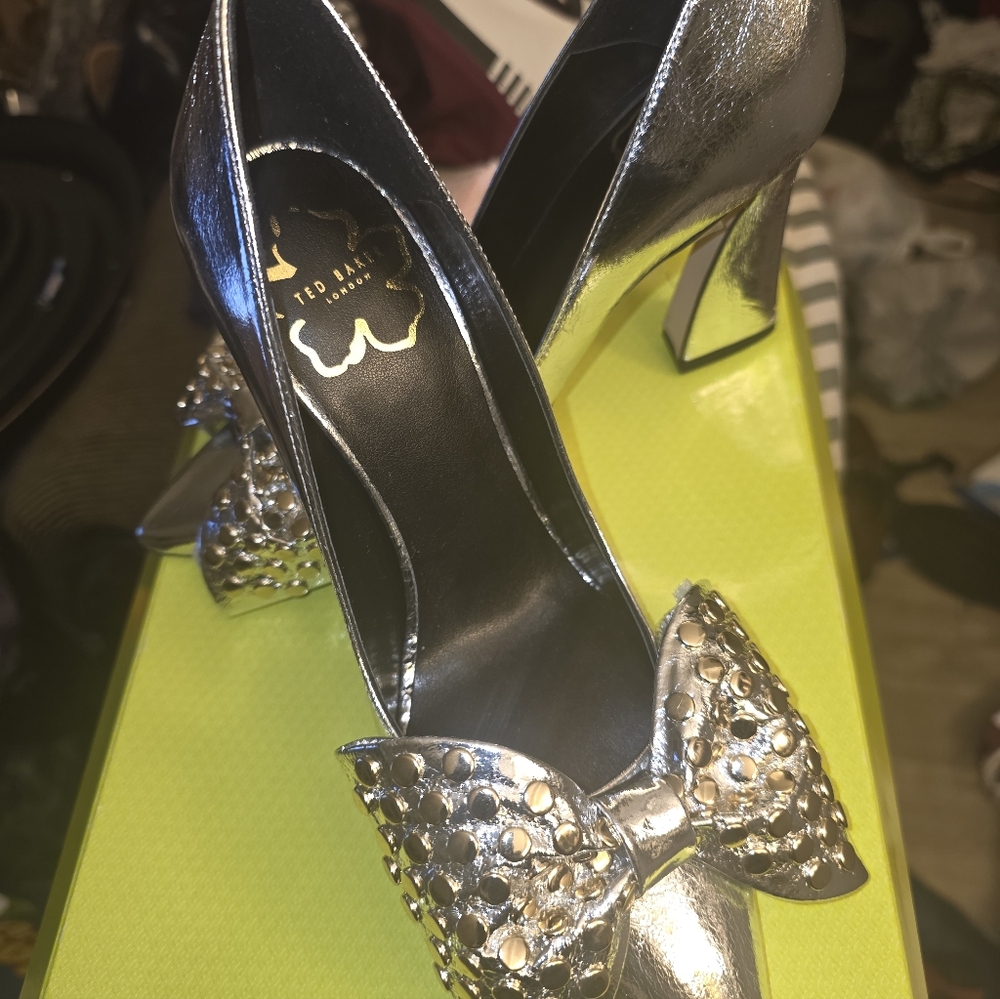 Ted Baker Metallic Silver Heels with Studded Bow